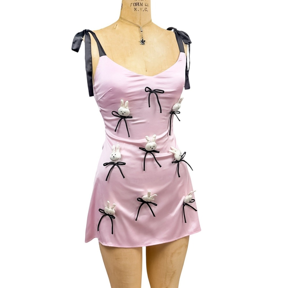 Y2K Coquette 3D Bunny Satin Mini Dress Ribbon Bow Tie Straps Whimsical Kawaii XS - Picture 7 of 9